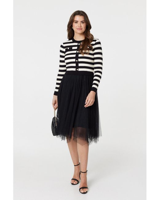Izabel London Black And 2-In-1 Dress With Striped Top & Mesh Skirt