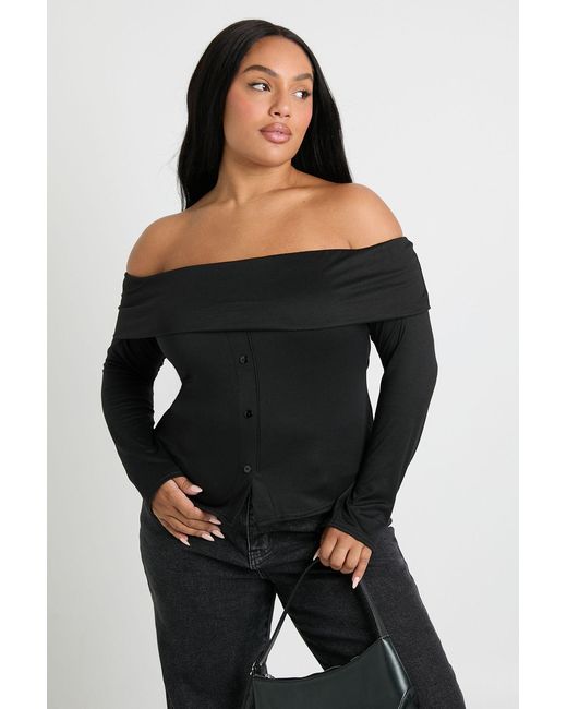 Boohoo Black Plus Bardot Button Down Long Sleeve Top