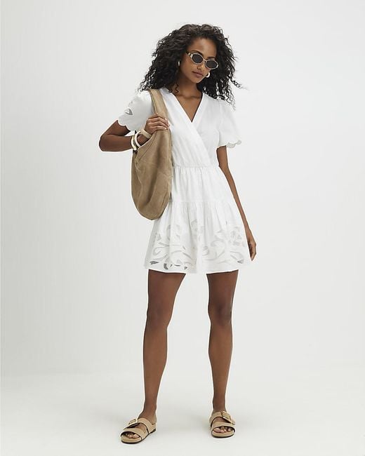 River Island White Mini Dress Short Sleeve Poplin Broderie Cotton