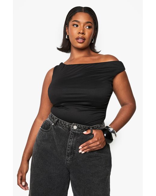 Boohoo Black Plus Supersoft Rouched Bardot One Piece