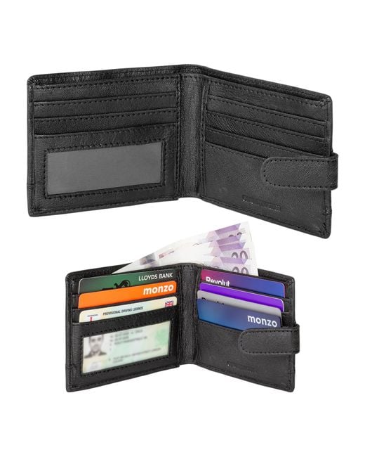 Woodland Leathers Black Genuine Leather Rfid Wallet With 6 Card Slots, Id Window & Flap Closure for men