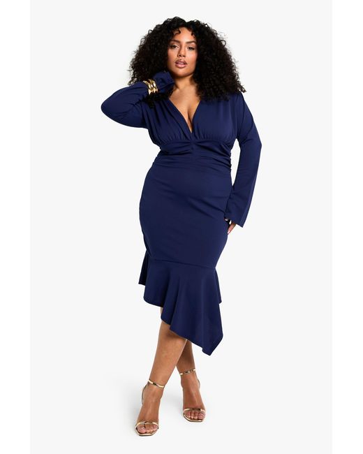 Boohoo Blue Plus Asymmetric Plunge Midi Dress