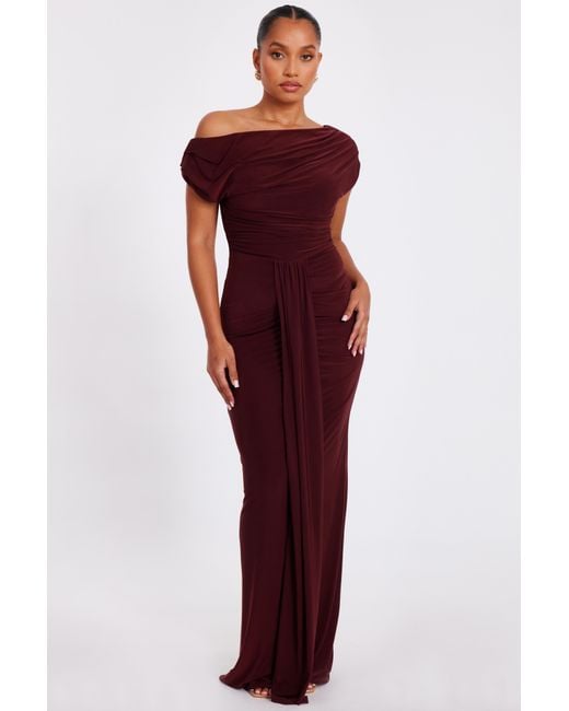 Quiz Red Petite Burgundy Off Shoulder Maxi Dress