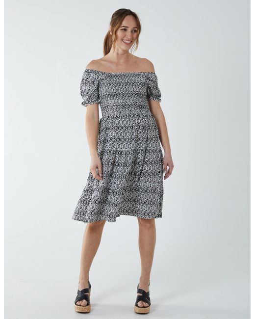 Blue Vanilla Blue Puff Sleeve Bardot Shirred Dress
