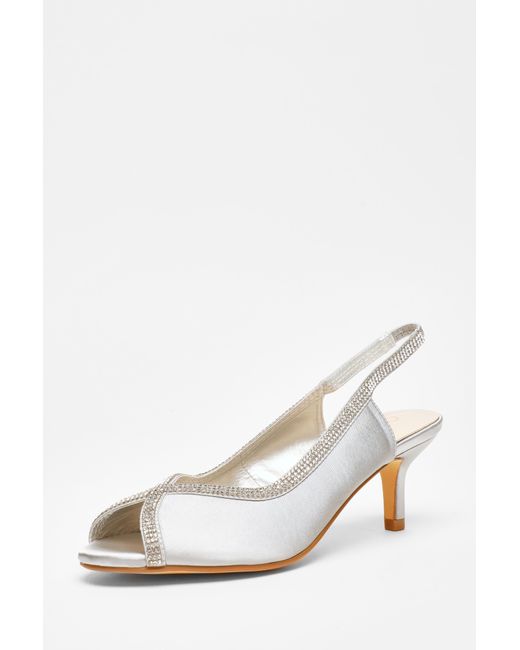 Quiz White Satin Diamante Low Heeled Slingback Heels