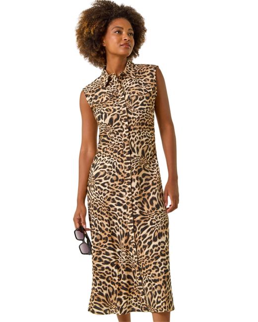 Roman Natural Animal Print Gathered Shirt Dress