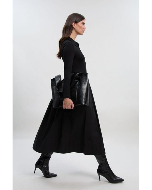 Karen Millen Black Viscose Rib Button Up Up Collared Shirt Maxi Dress