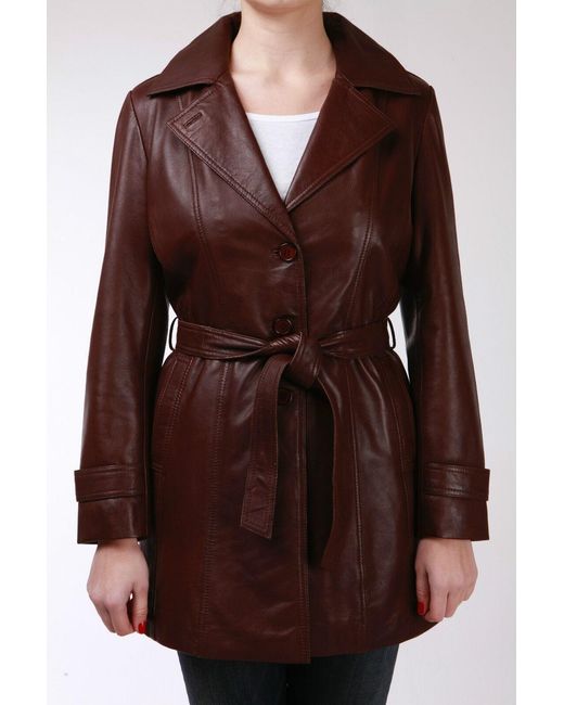 Infinity Leather Red 3/4 Length Tie Belt Trench Coat-Oldbury