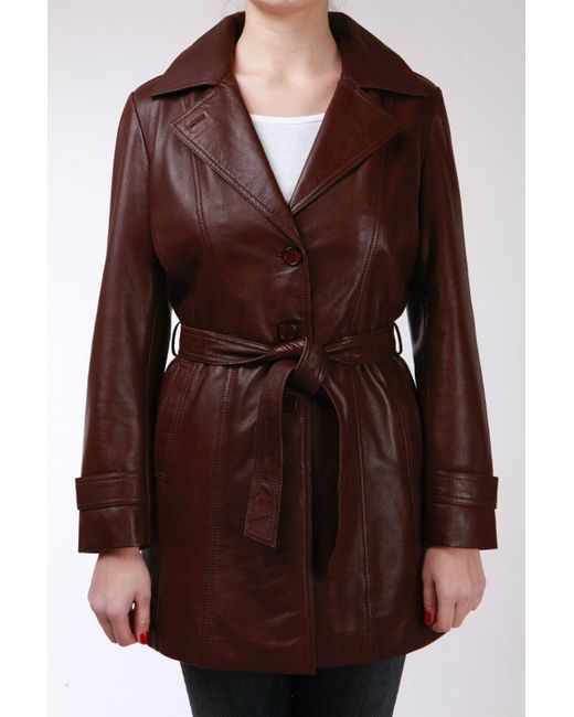 Infinity Leather Red 3/4 Length Tie Belt Trench Coat-Oldbury