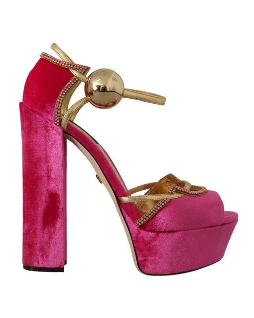 Dolce & Gabbana Pink Velvet Crystal Ankle Strap Sandals Shoes Viscose