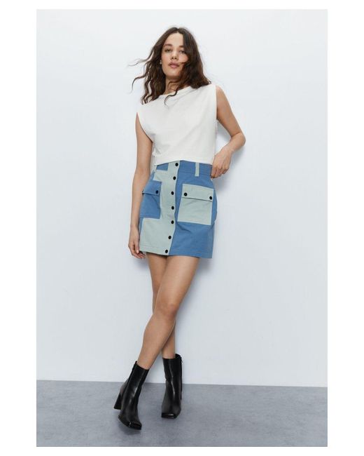 Warehouse Blue Colour Block Utility Mini Skirt