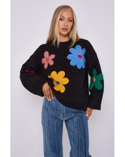 Gini London Zwarte Oversized Trui Met Bloemenappliqué in het Blue