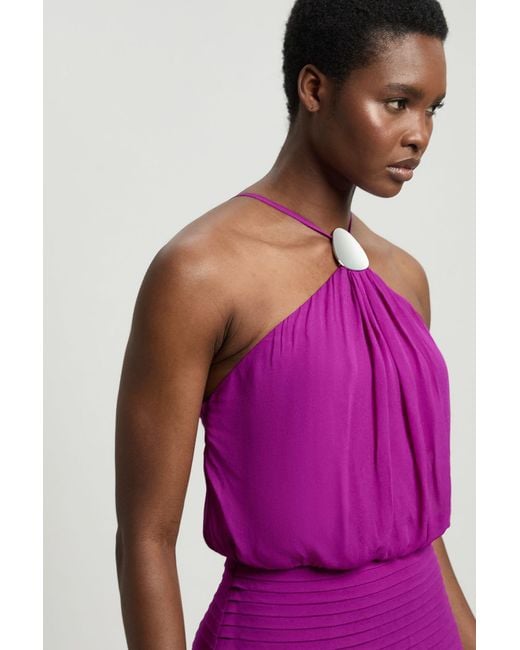 Karen Millen Purple Viscose Georgette Drop Hem Woven Halter Neck Maxi Dress