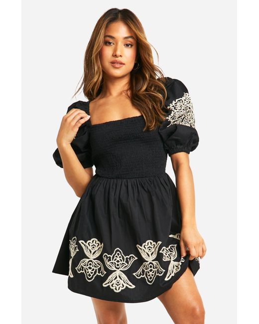 Boohoo Black Petite Embroidery Puff Sleeve Mini Dress