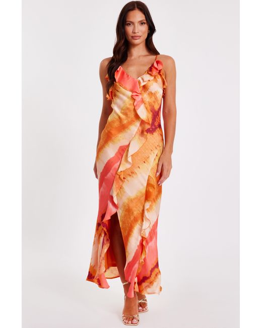 Quiz Orange Ruffle Printed Midaxi Dress