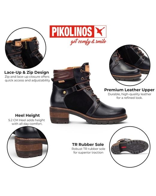 Pikolinos Black Leather Zip & Lace Up Heel Ankle Boots