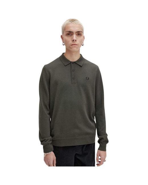 Fred Perry Gray Plain Field Long Sleeve Knitted Polo for men