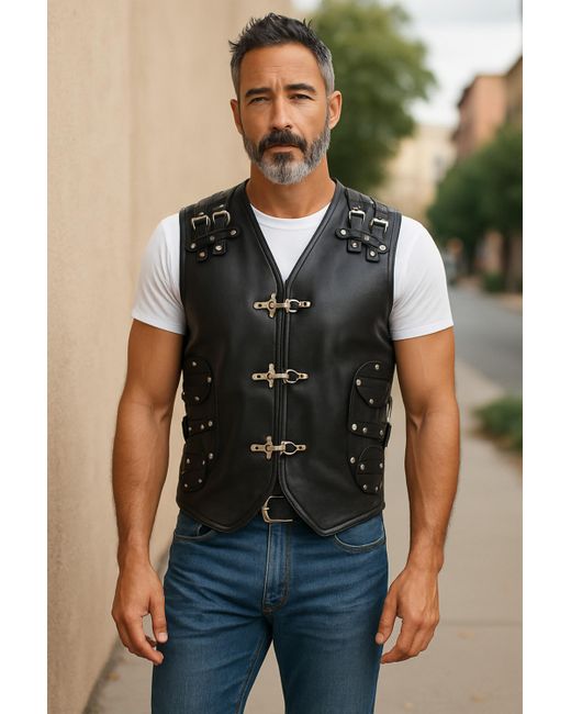 Infinity Leather Black Biker Waistcoat Metal Buckles Vest for men