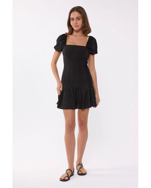 Hiccup Black Short Sleeve Square Neck Mini Dress With Balloon Sleeves