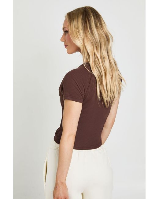 Boohoo Brown Petite Rib Button Through Cap Sleeve Top