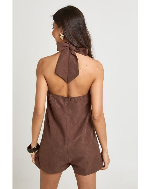 Boohoo Brown Textured High Neck Playsuit