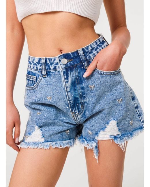 Pink Vanilla Blue Bow Embellished Denim Shorts