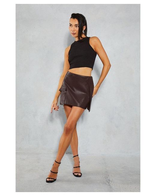 MissPap Gray Leather Look Asymmetric Waist Pocket Mini Skirt