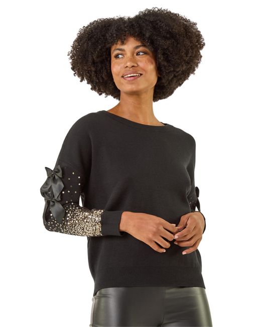 Roman Black Sequin Bow Sleeve Knit Jumper