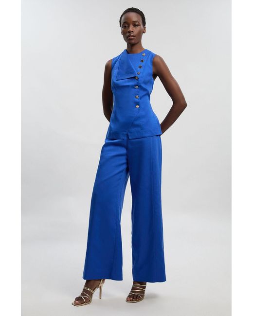 Karen Millen Blue Tailored Linen Button Front Wide Leg Trouser