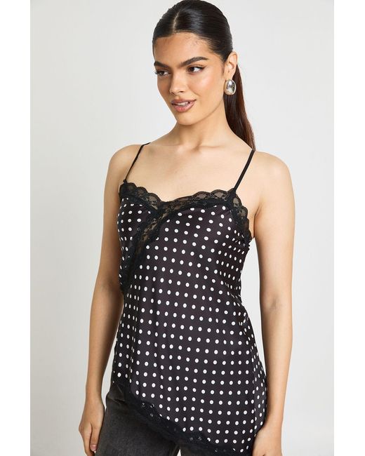 Boohoo Black Polka Satin Lace Mix Asymmetric Cami