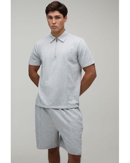 BoohooMAN Gray Seam Detail Regular Fit 1/4 Zip Polo & Short Set for men