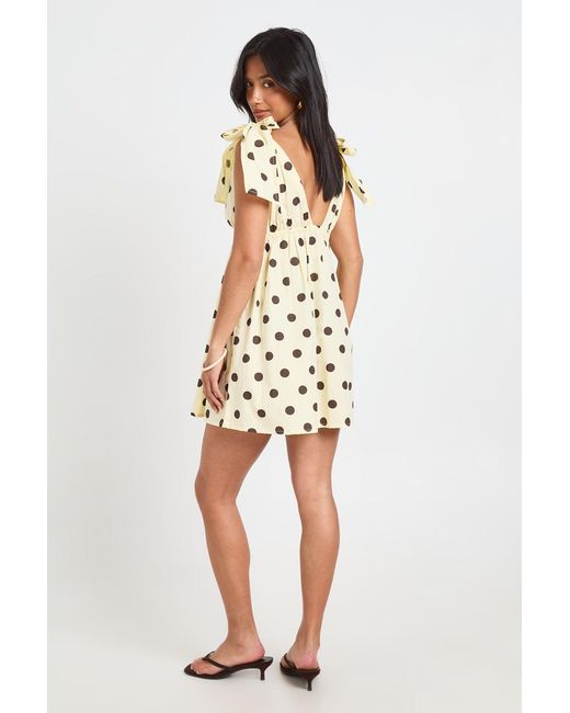 Boohoo Yellow Petite Polka Dot Cotton Poplin Tie Shoulder Mini Dress