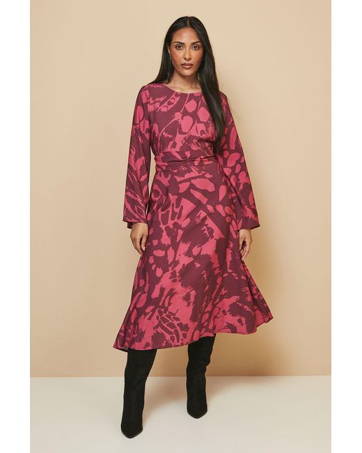 Wallis Red Petite Floral Flute Sleeve Tie Midi Dress