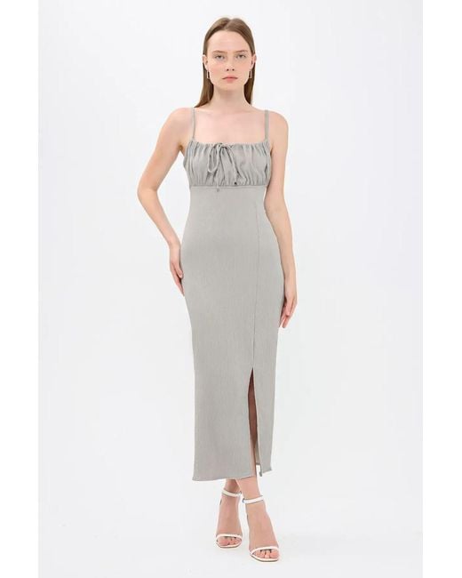 Hiccup White Smocked Square Neck Spaghetti Strap Tie Front Midi Dress With A Side Slit