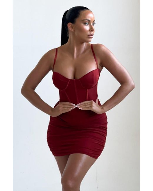 Femme Luxe Red Mesh Ruched Corset Strappy Bodycon Mini Dress