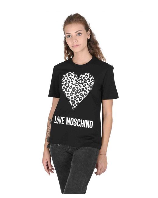 Love Moschino Black Leopard Heart Tee Short Sleeve Crew Neck