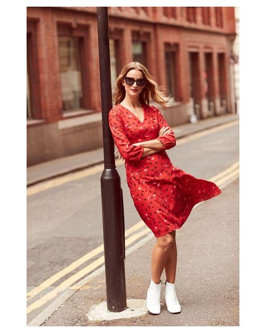 Sosandar Red Feather Print Fit & Flare Dress
