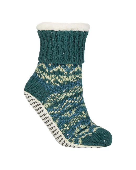 Elle Green 1 Pair Ladies Chunky Fair Isle Moccasin Grip Socks