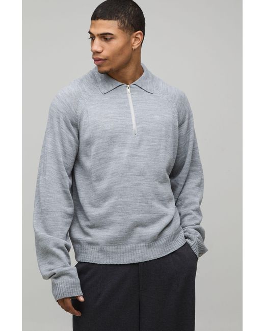 BoohooMAN Gray Regular 1/4 Zip Knitted Polo for men
