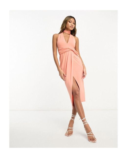 ASOS Halter Neck Wrap Detail Pencil Midi Dress in White | Lyst UK