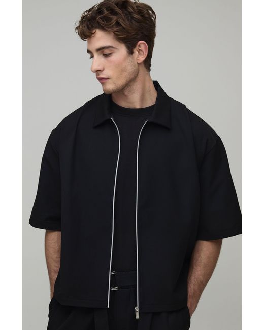 BoohooMAN Black Pleat Detail Zip Up Half Sleeve Overshirt Co-Ord for men
