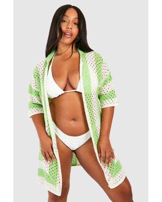 Boohoo Green Plus Crochet Square Print Beach Shirt