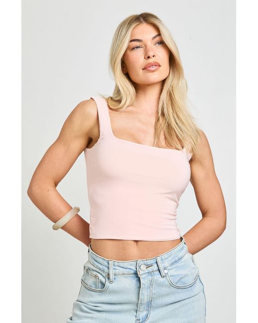 Boohoo Natural Double Layer Slinky Square Neck Crop Top