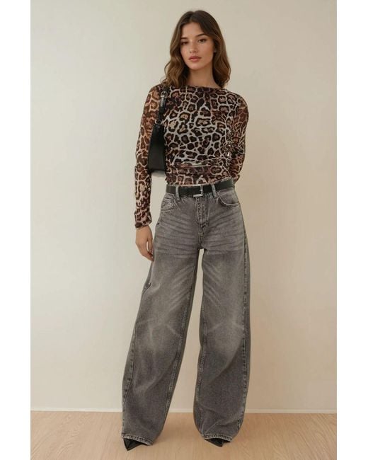 Hiccup Brown Leopard Print Boat Neck Draped Top