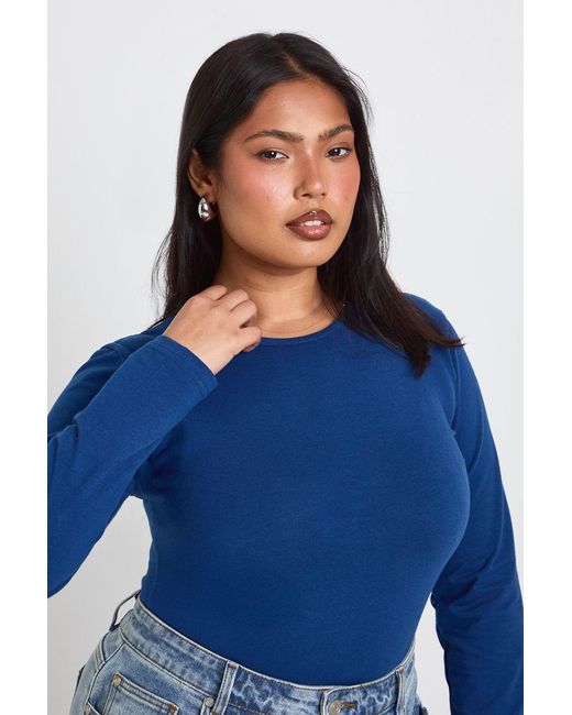 Boohoo Blue Plus Basic Long Sleeve Crew Neck Bodysuit