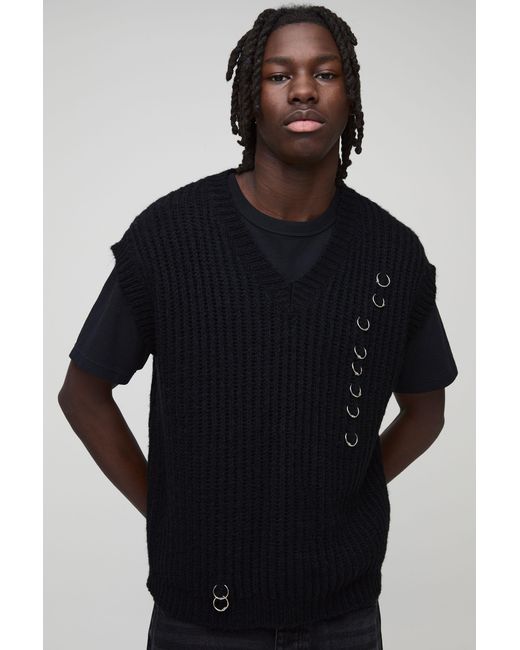 BoohooMAN Black Oversized Ring Detail V Neck Ribbed Knitted Vest for men