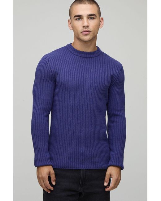 BoohooMAN Blue Muscle Fit Ribbed Knitted Sweater for men