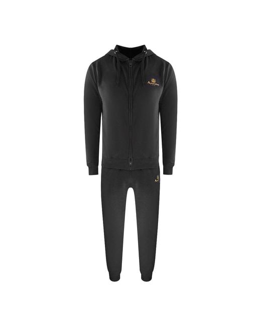Aquascutum Black Zip-Up Hoodie And Track Pants Set Cotton for men