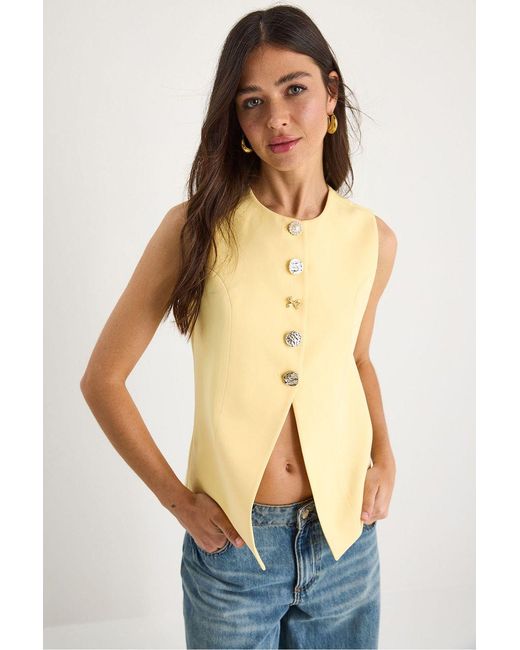 Bianco Lucci Yellow Fitted Sleeveless Button-Front Waistcoat With Crew Neck