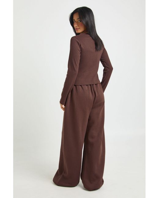 Boohoo Brown Petite Rib Button Through Long Sleeve Top Tracksuit